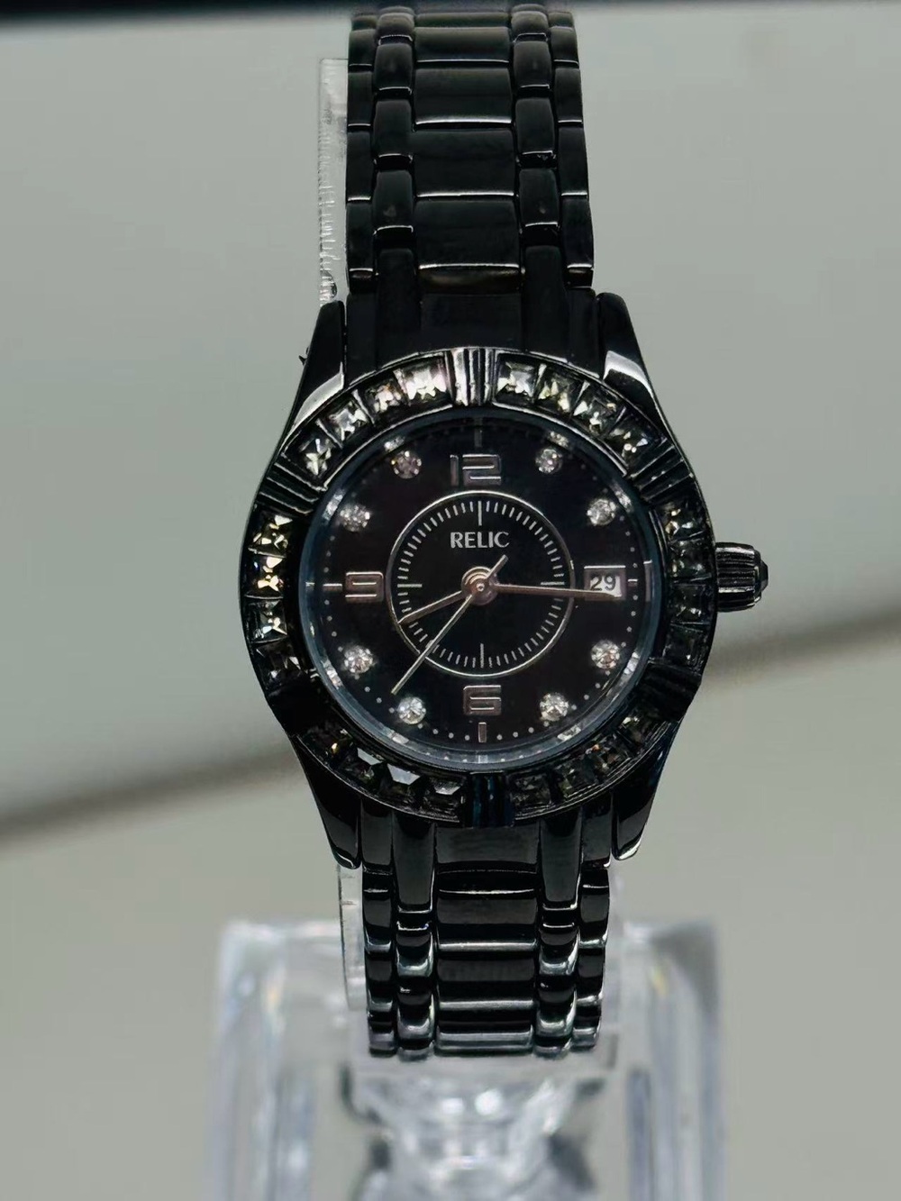 Relic By Fossil Black Crystal Bezel Women Watch 26mm Date New Battery Runs